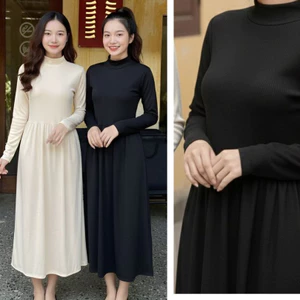 Đầm nữ dài tay thu đông basic thanh lịch đen be maxi bigsize bầu xinh trẻVáy len tăm cổ cao 3 cm dáng xòe dài T489G