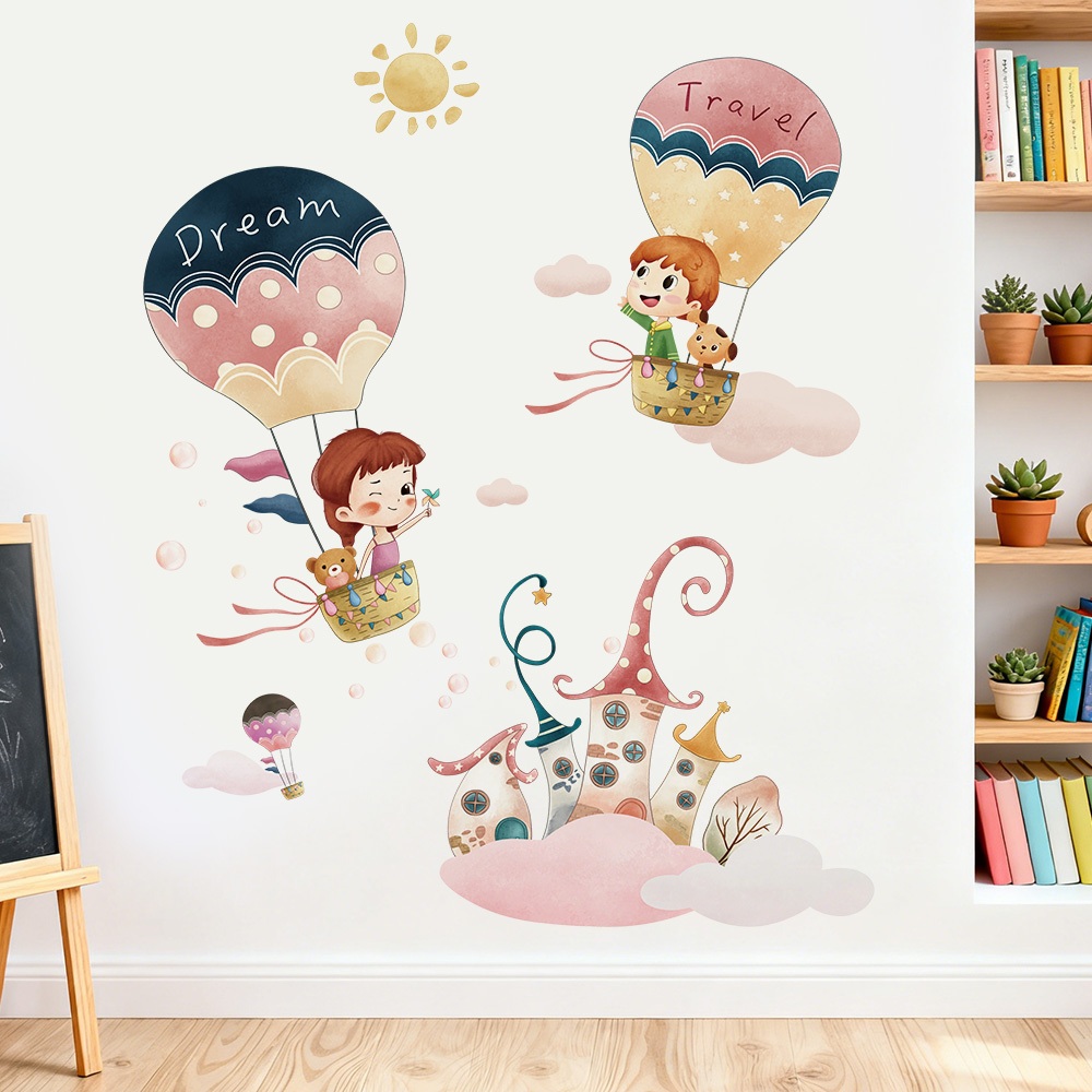 Decal Dán Tường Bé Gái Bay Khinh Khí Cầu Lâu Đài Cổ Tích Có Keo Sẵn 81x100cm - Trang Trí Phòng Bé
