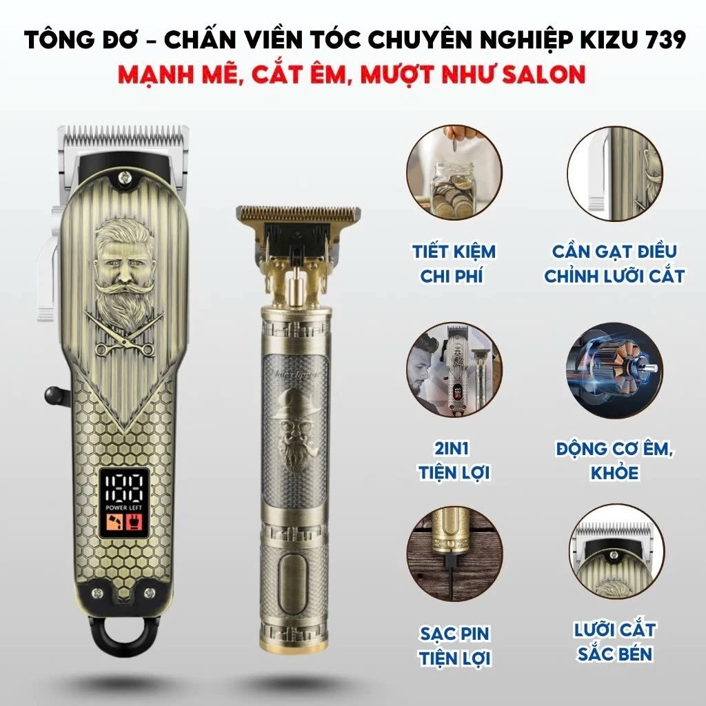 Tông Đơ Cắt Tóc Chấn Viền Cao Cấp Kizu K739, Tăng Đơ Barber Không Dây, Cắt Êm, Pin Trâu Cạo Viền Nét