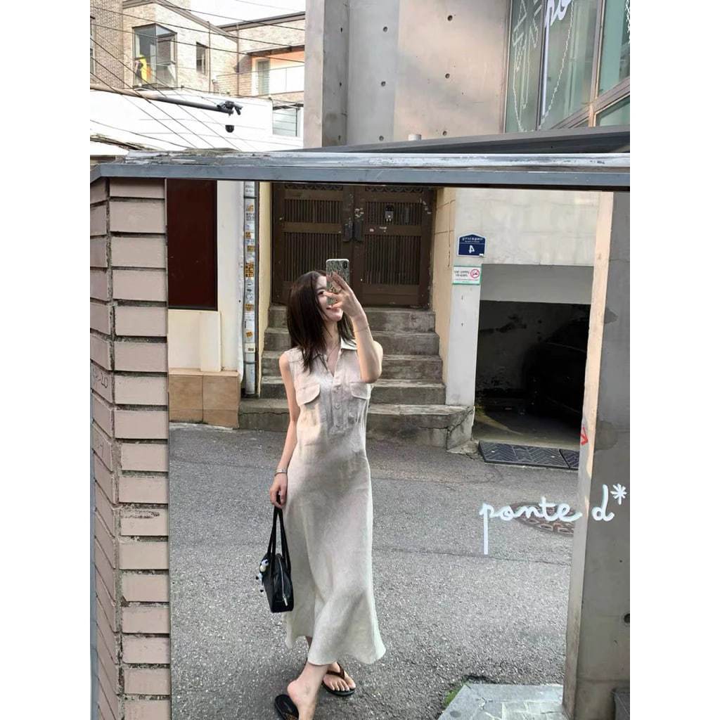𝗠𝗮𝘆𝗯𝗲 - | BEELY| Đầm Linen sơ mi cộc tay dáng đuôi cá