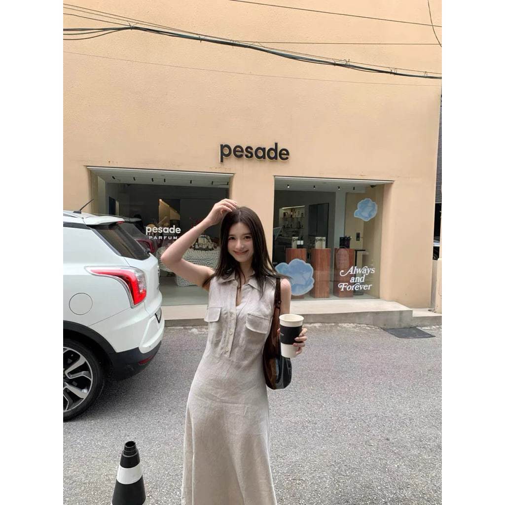 𝗠𝗮𝘆𝗯𝗲 - | BEELY| Đầm Linen sơ mi cộc tay dáng đuôi cá