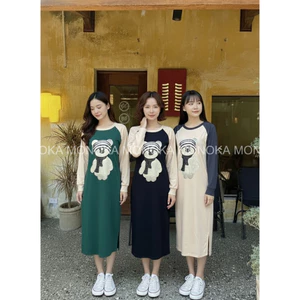 Đầm bầu bigsize chubby nữ cute Váy dài suông không cổ hình chú gấu đội mũ thu đông dài tay màu raglan phối tay T1437G