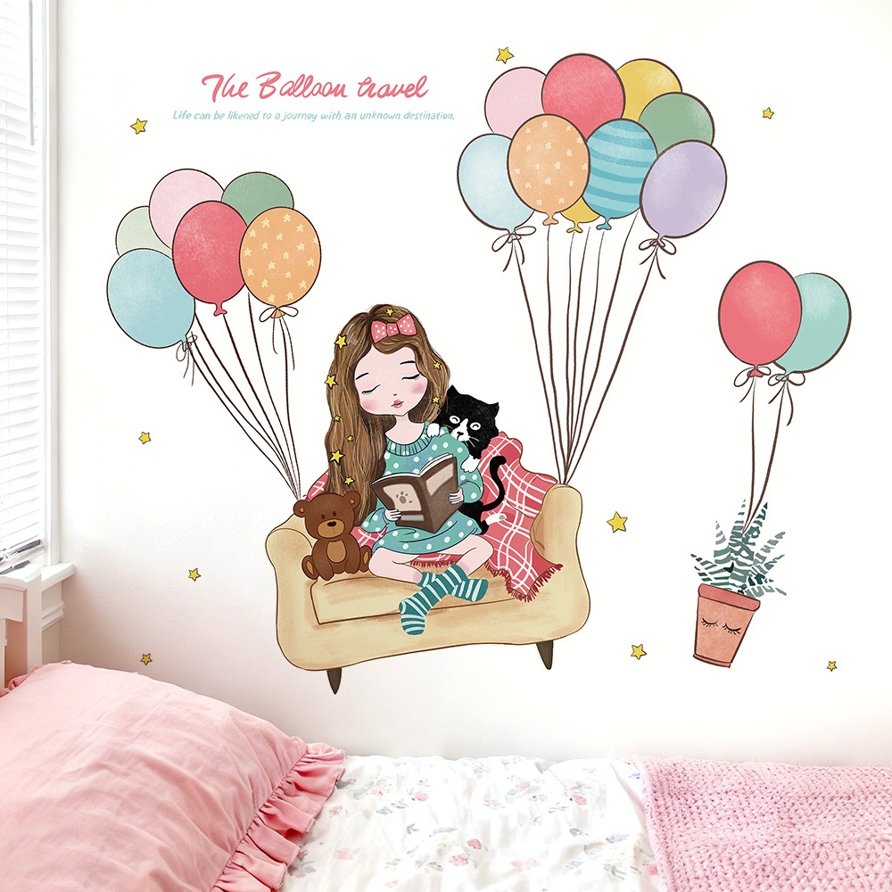 Decal Dán Tường Bé Gái Đọc Sách Chơi Đàn Có Keo Sẵn 96x81cm - Trang Trí Phòng Ngủ Cho Bé