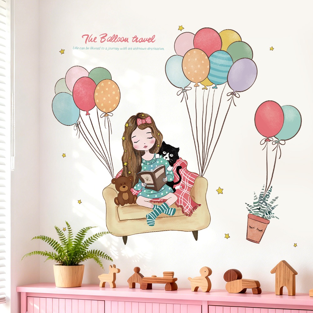 Decal Dán Tường Bé Gái Đọc Sách Chơi Đàn Có Keo Sẵn 96x81cm - Trang Trí Phòng Ngủ Cho Bé