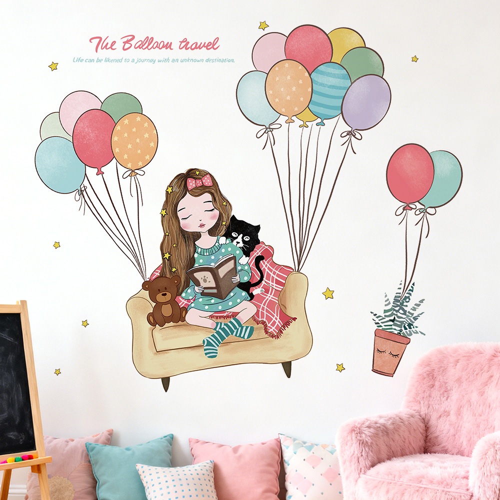 Decal Dán Tường Bé Gái Đọc Sách Chơi Đàn Có Keo Sẵn 96x81cm - Trang Trí Phòng Ngủ Cho Bé