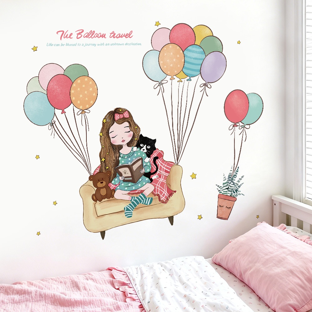 Decal Dán Tường Bé Gái Đọc Sách Chơi Đàn Có Keo Sẵn 96x81cm - Trang Trí Phòng Ngủ Cho Bé