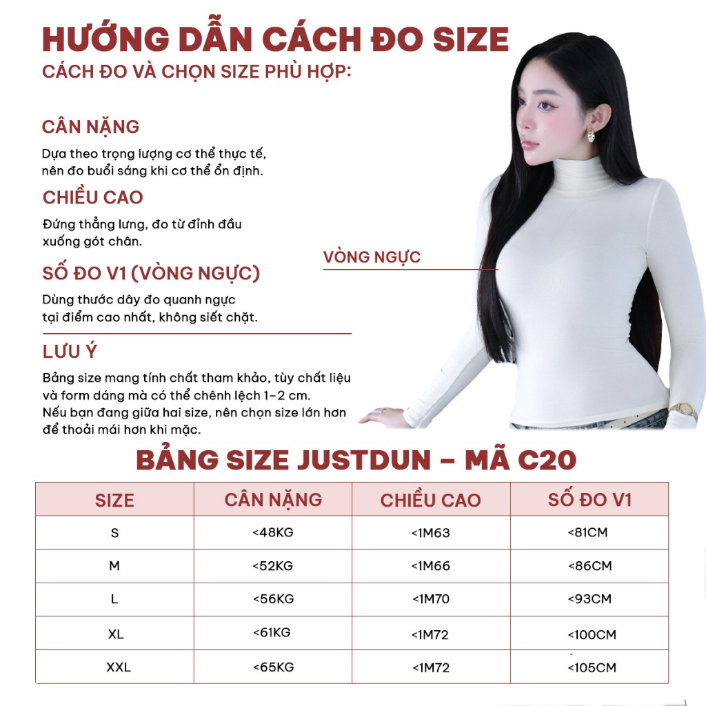 Áo Thun Ôm Body Giữ Nhiệt Cổ Cao 8 Phân, Tay Dài JUSTDUN C20 – Chất Cotton Dày Dặn, Tôn Dáng