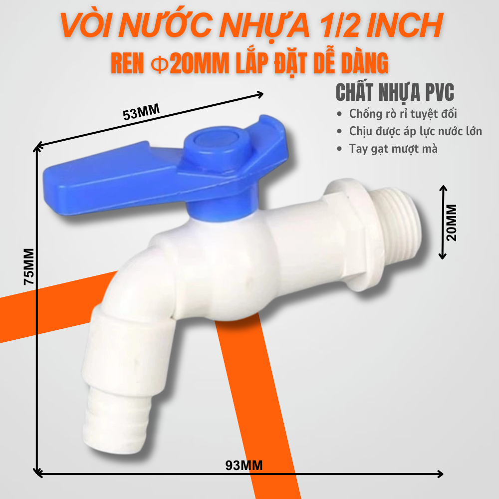 VÒI NƯỚC NHỰA PVC REN 20 – KHÓA VẶN TAY – DÙNG CHO ỐNG NƯỚC, TƯỚI CÂY