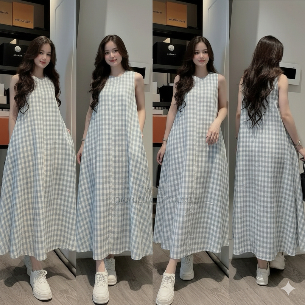 Đầm ba lỗ chất thô vintage nhẹ nhàng bầu bigsize trẻ trung Váy suông sát nách dáng dài kẻ caro xanh form rộng  T1441G