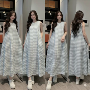Đầm ba lỗ chất thô vintage nhẹ nhàng bầu bigsize trẻ trung Váy suông sát nách dáng dài kẻ caro xanh form rộng T1441G