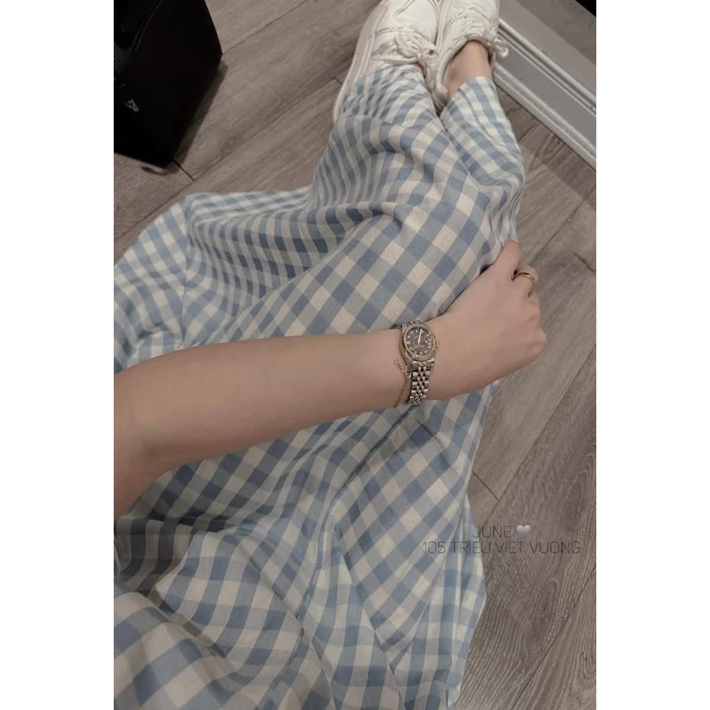 Đầm ba lỗ chất thô vintage nhẹ nhàng bầu bigsize trẻ trung Váy suông sát nách dáng dài kẻ caro xanh form rộng  T1441G
