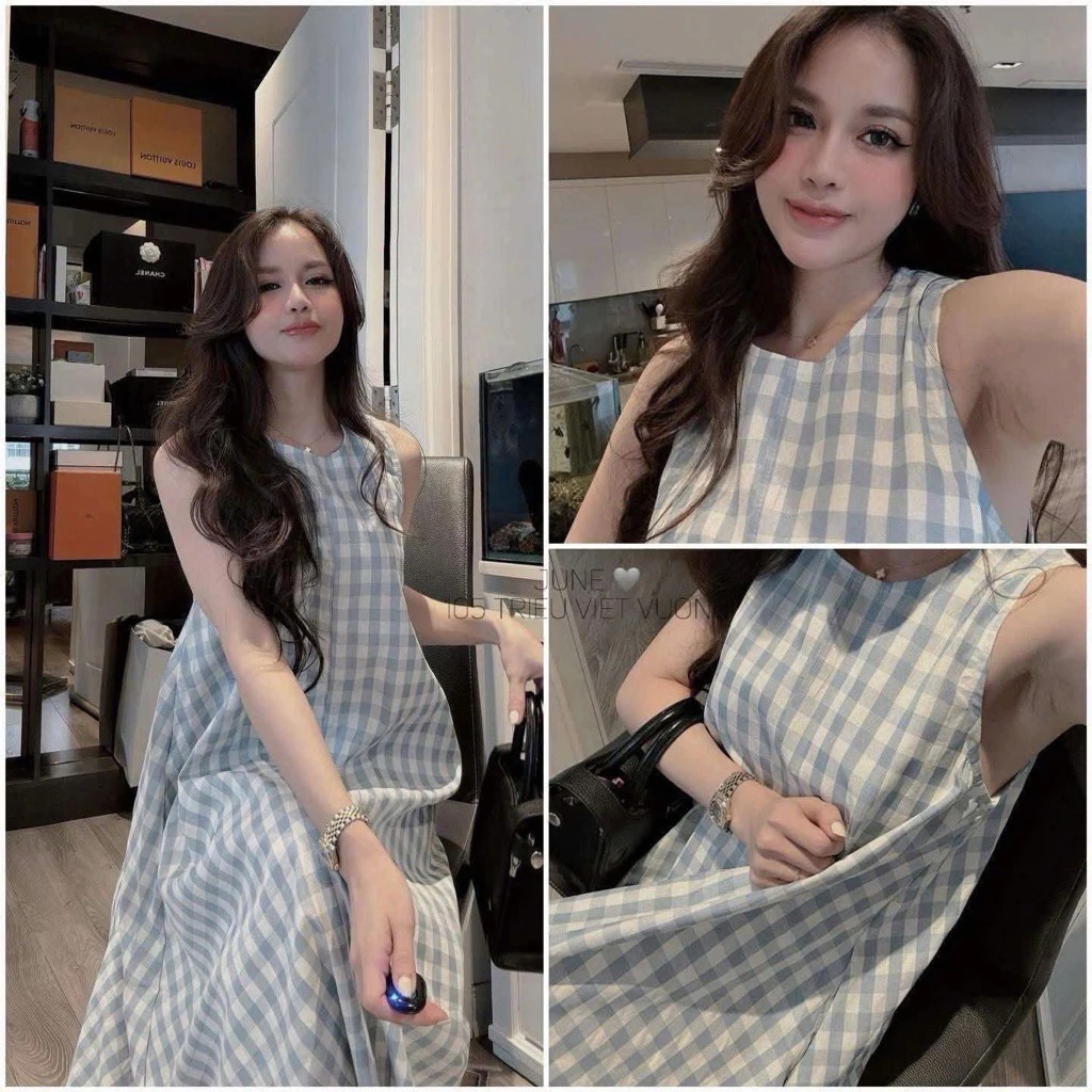 Đầm ba lỗ chất thô vintage nhẹ nhàng bầu bigsize trẻ trung Váy suông sát nách dáng dài kẻ caro xanh form rộng  T1441G