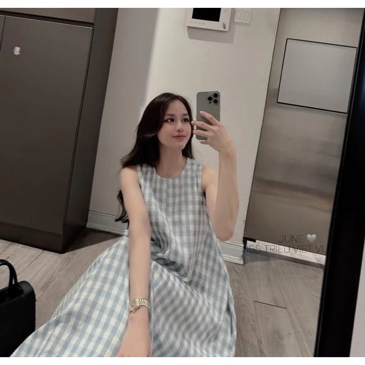Đầm ba lỗ chất thô vintage nhẹ nhàng bầu bigsize trẻ trung Váy suông sát nách dáng dài kẻ caro xanh form rộng  T1441G