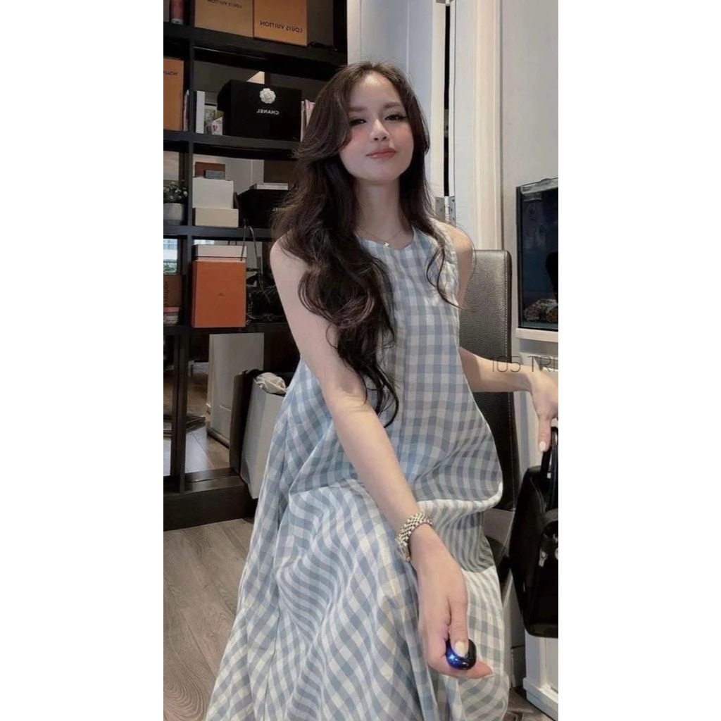 Đầm ba lỗ chất thô vintage nhẹ nhàng bầu bigsize trẻ trung Váy suông sát nách dáng dài kẻ caro xanh form rộng  T1441G