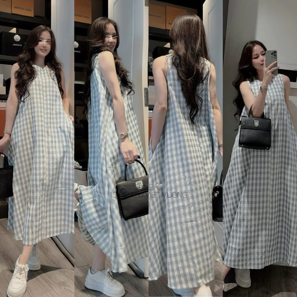 Đầm ba lỗ chất thô vintage nhẹ nhàng bầu bigsize trẻ trung Váy suông sát nách dáng dài kẻ caro xanh form rộng  T1441G