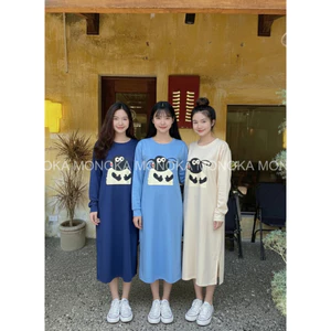 Đầm bầu bigsize chubby nữ dễ thương Váy dài suông chất nỉ PE dài tay xẻ tà không cổ hình cừu SHAUN THE SHEEP T1430G