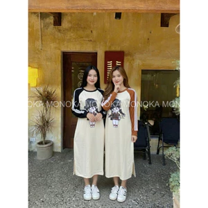 Đầm nữ không cổ bầu bigsize cotton xinhVáy suông dài tay thu đông raglan sọc tay hình chibi cô gái tóc bím basic T1434G