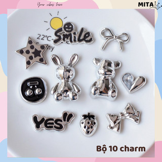 Bộ 10 Sticker, Charm 3D chủ đề Thỏ bạc smile nhựa cứng gắn Dép Sục, Cá Sấu JB-326 Mita