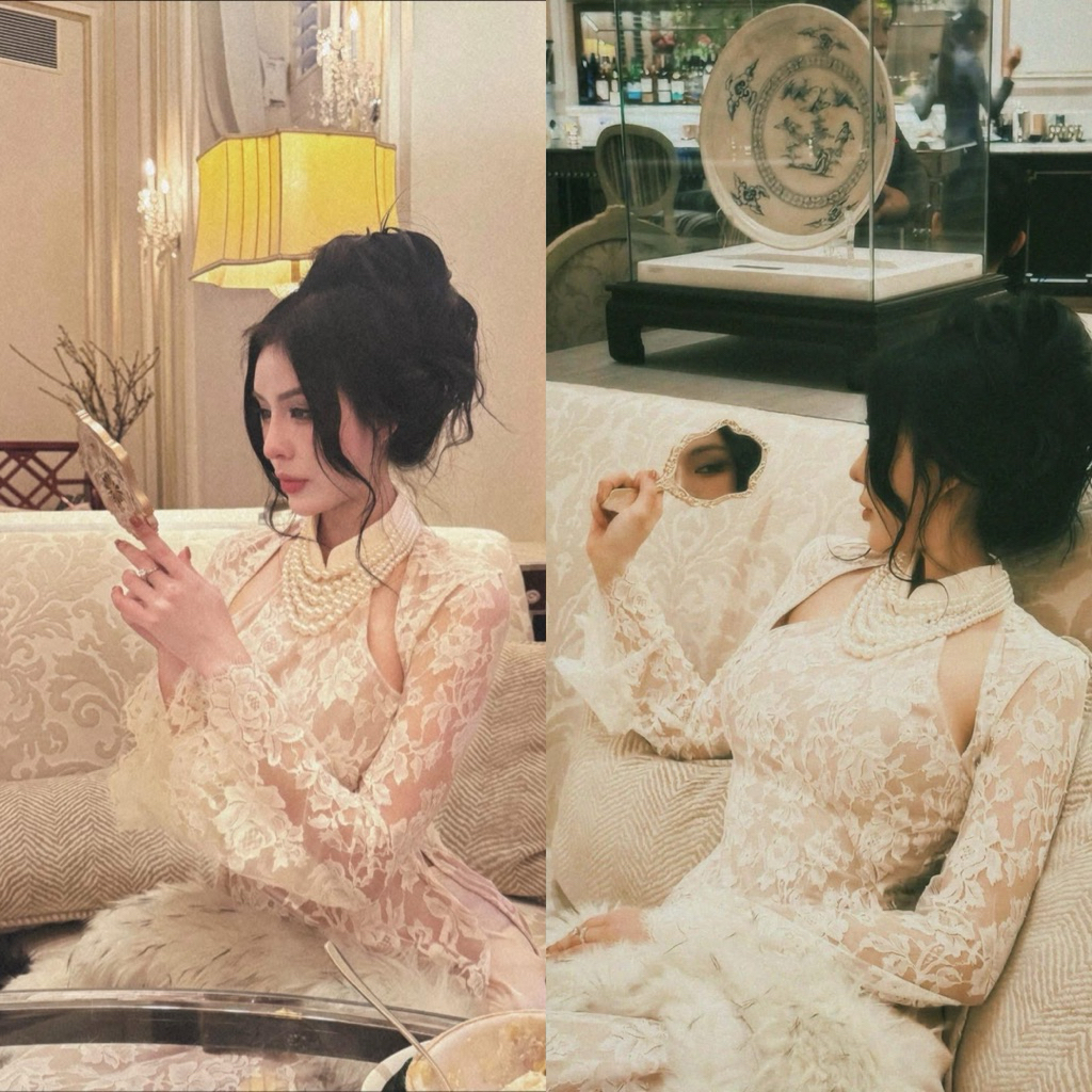 Áo dài ren cổ cut out Mimi Blanc