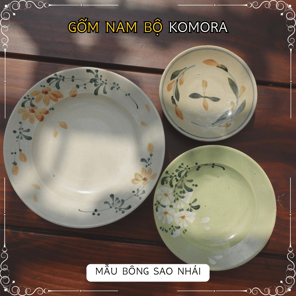 [Dĩa] Mẫu Bông Sao Nhái, Gốm Nam Bộ KOMORA, Men Kem, Nung Lửa Truyền Thống, Đậm Chất Nam Bộ, Họa Tiết Mộc Mạc
