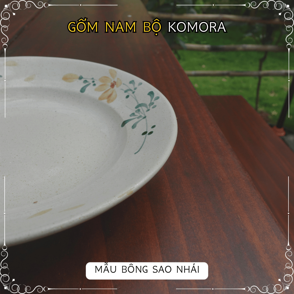 [Dĩa] Mẫu Bông Sao Nhái, Gốm Nam Bộ KOMORA, Men Kem, Nung Lửa Truyền Thống, Đậm Chất Nam Bộ, Họa Tiết Mộc Mạc