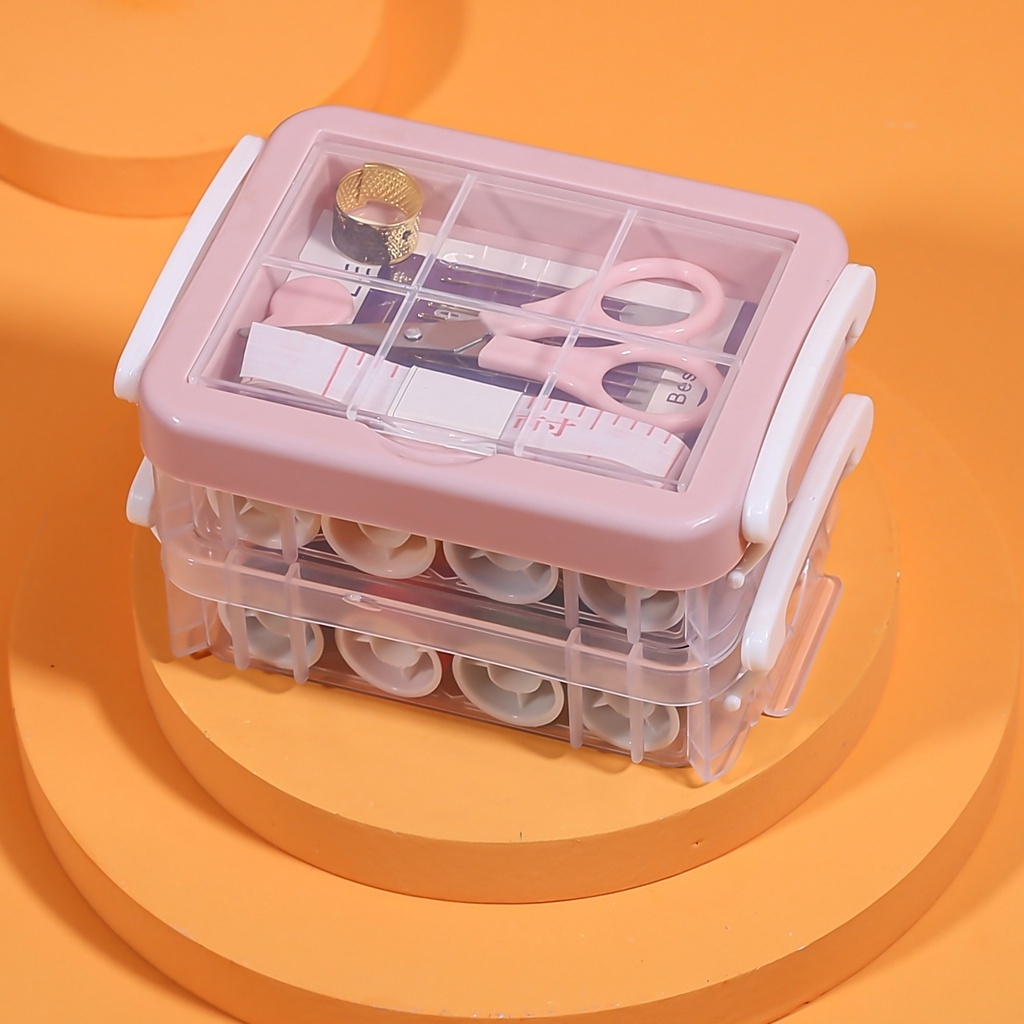Bộ Hộp Kim Chỉ May Vá Đa Năng Gia Đình 2 Tầng – 12 CUỘN CHỈ MINI NHIỀU MÀU, ĐẦY ĐỦ KIM KÉO THƯỚC DÂY
