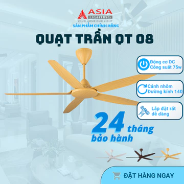 Quạt Trần, Quạt Trần Phòng Khách 5 Cánh ASIA QT-08 35W, Động Cơ DC Không Chổi Than, Cánh Nhựa ABS, Sải Cánh 1420, BH 24