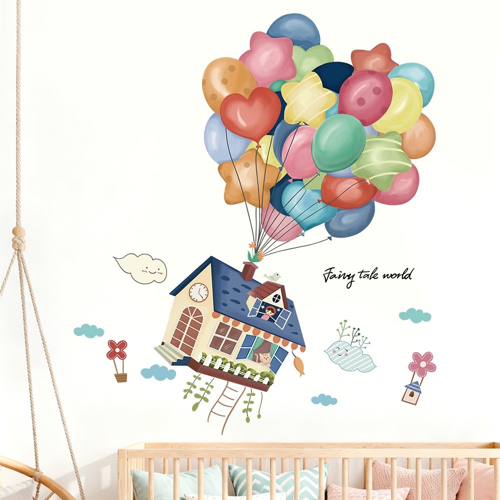 Decal Dán Tường Ngôi Nhà Bóng Bay Có Keo Sẵn 85x99cm - Trang Trí Phòng Khách Phòng Ngủ Cho Bé