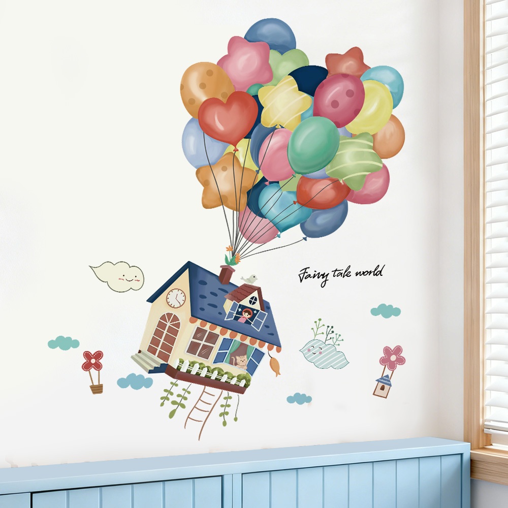 Decal Dán Tường Ngôi Nhà Bóng Bay Có Keo Sẵn 85x99cm - Trang Trí Phòng Khách Phòng Ngủ Cho Bé