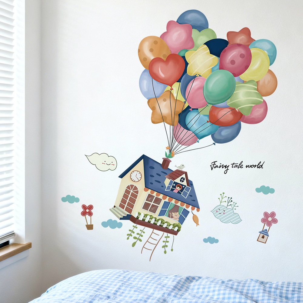 Decal Dán Tường Ngôi Nhà Bóng Bay Có Keo Sẵn 85x99cm - Trang Trí Phòng Khách Phòng Ngủ Cho Bé