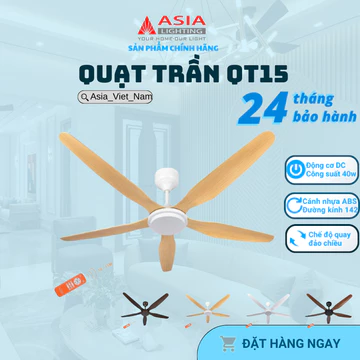 Quạt Trần, Quạt Trần Phòng Khách 5 Cánh ASIA QT-15 40W, Động Cơ DC Không Chổi Than, Cánh Nhựa ABS, Sải Cánh 1420, BH 24T