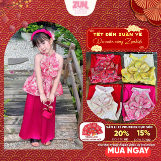 Set Áo Yếm Bé Gái Đính Hoa A458 – Gấm Cao Cấp Phối Quần Lụa Satin, Phong Cách Tiểu Thư Sang Trọng