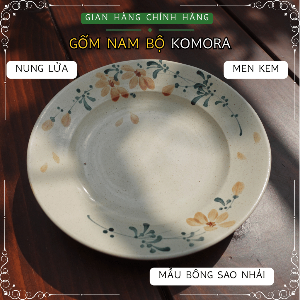[Dĩa] Mẫu Bông Sao Nhái, Gốm Nam Bộ KOMORA, Men Kem, Nung Lửa Truyền Thống, Đậm Chất Nam Bộ, Họa Tiết Mộc Mạc