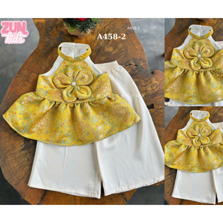 Set Áo Yếm Bé Gái Đính Hoa A458 – Gấm Cao Cấp Phối Quần Lụa Satin, Phong Cách Tiểu Thư Sang Trọng