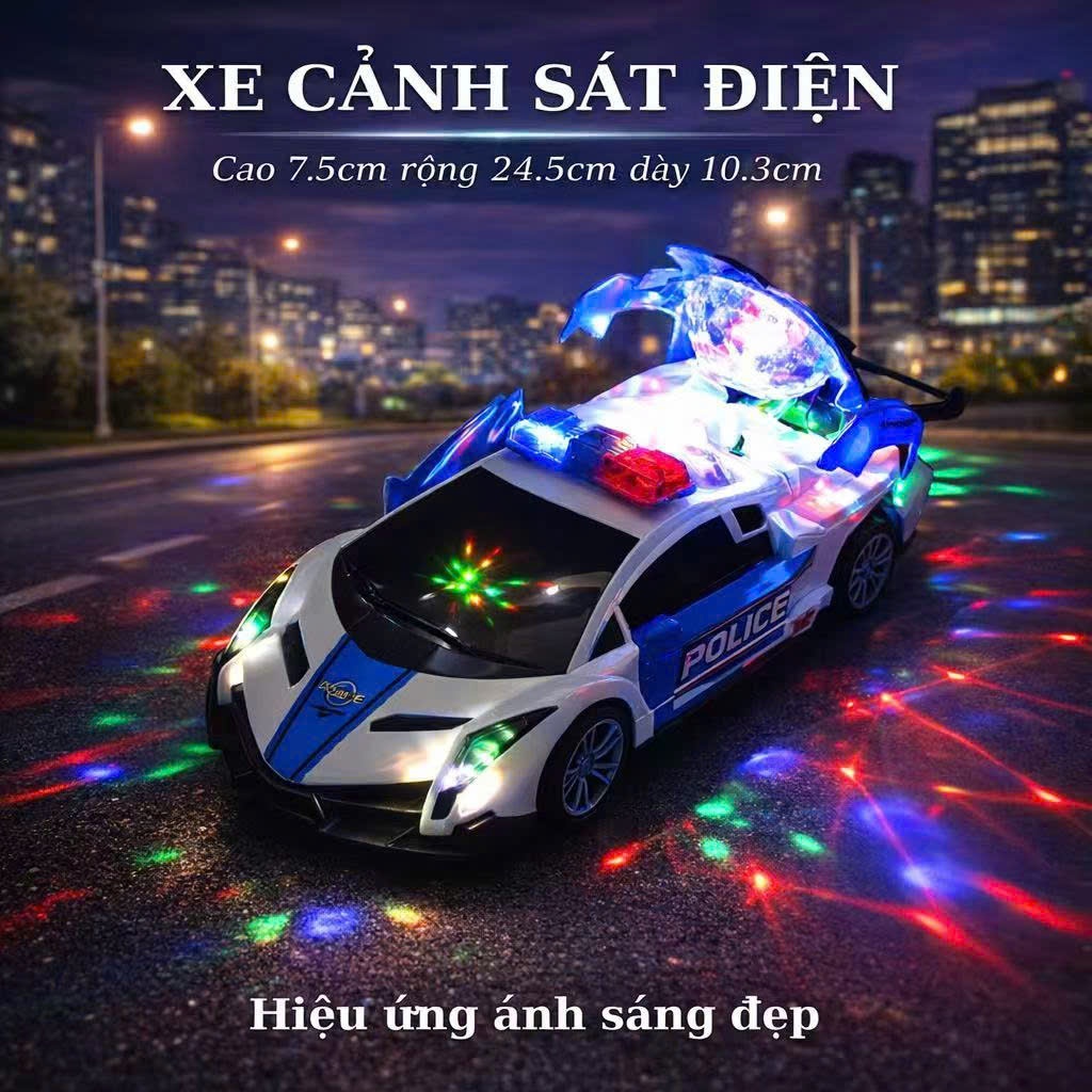 Đồ chơi xe ô tô cảnh sát biến hình xoay 360 tự động có đèn và nhạc, xe police biến hình.
