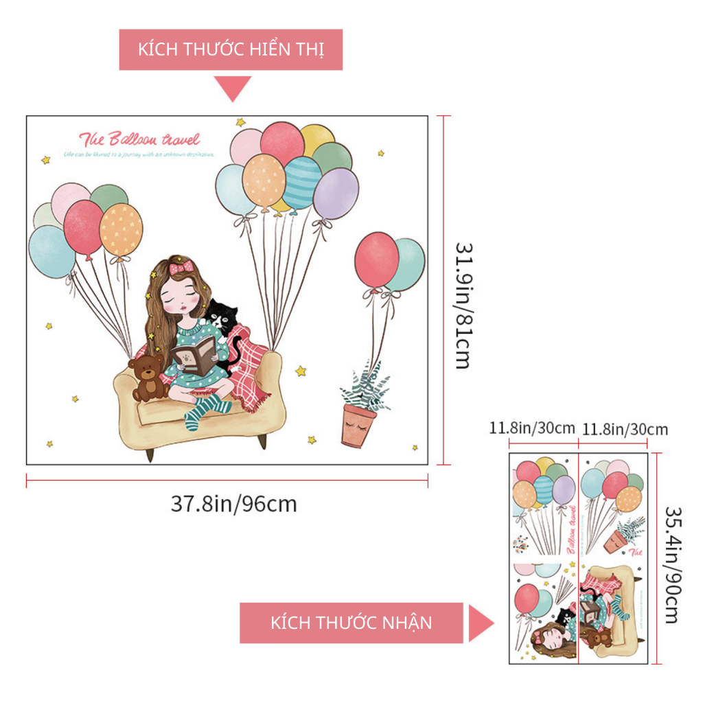 Decal Dán Tường Bé Gái Đọc Sách Chơi Đàn Có Keo Sẵn 96x81cm - Trang Trí Phòng Ngủ Cho Bé