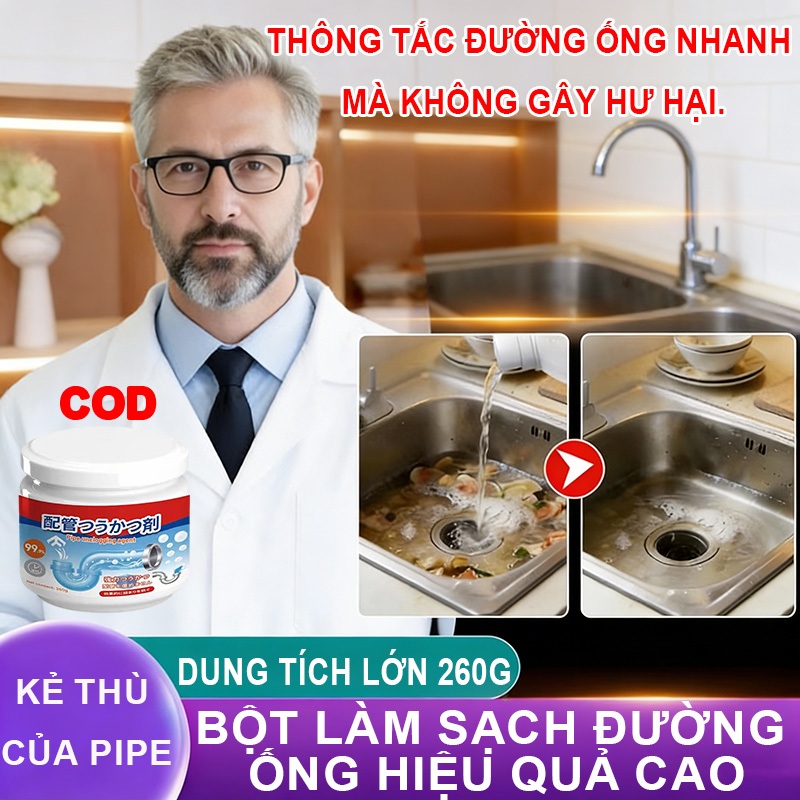 Bột tẩy rửa cống COD giúp thông tắc bồn cầu, bồn rửa và đường ống thoát nước nhanh chóng và hiệu quả mà không gây hư hại