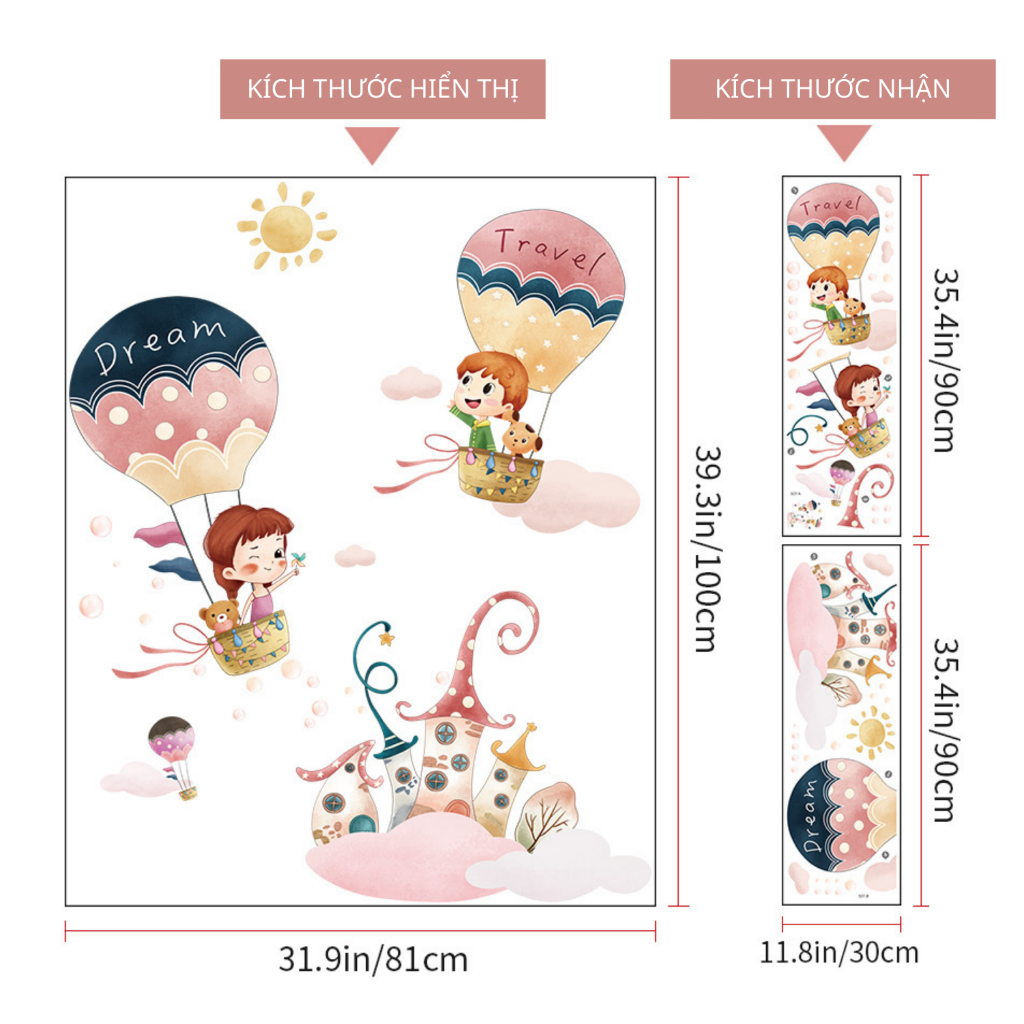 Decal Dán Tường Bé Gái Bay Khinh Khí Cầu Lâu Đài Cổ Tích Có Keo Sẵn 81x100cm - Trang Trí Phòng Bé