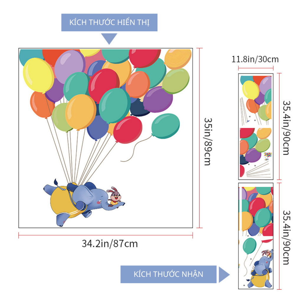 Decal Dán Tường Voi Con Bóng Bay Khinh Khí Cầu Nhiều Màu Sắc Có Keo Sẵn 87x89cm - Trang Trí Phòng Bé