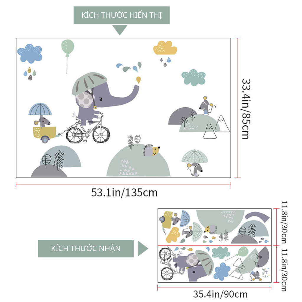 Decal Dán Tường Voi Con Đi Xe Đạp Có Keo Sẵn 135x85cm - Trang Trí Phòng Bé Dễ Thương