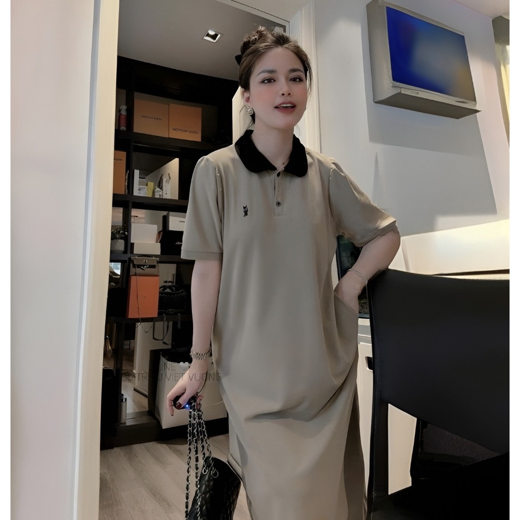 Đầm nữ bầu bigsize basic form to chubby xinh xám nâu Váy polo dáng dài suông rộng thêu ngựa phối cổ đen cộc tay  T1224G