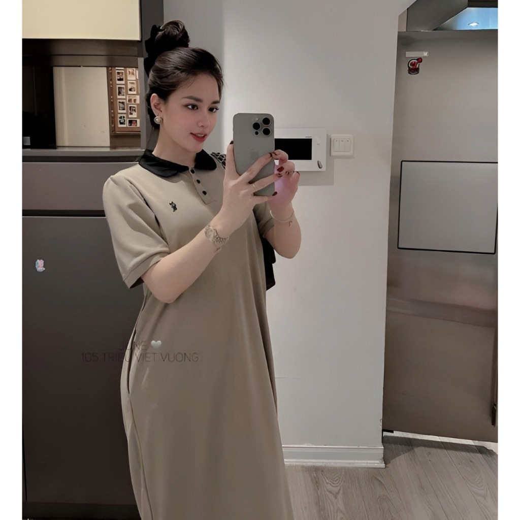 Đầm nữ bầu bigsize basic form to chubby xinh xám nâu Váy polo dáng dài suông rộng thêu ngựa phối cổ đen cộc tay  T1224G