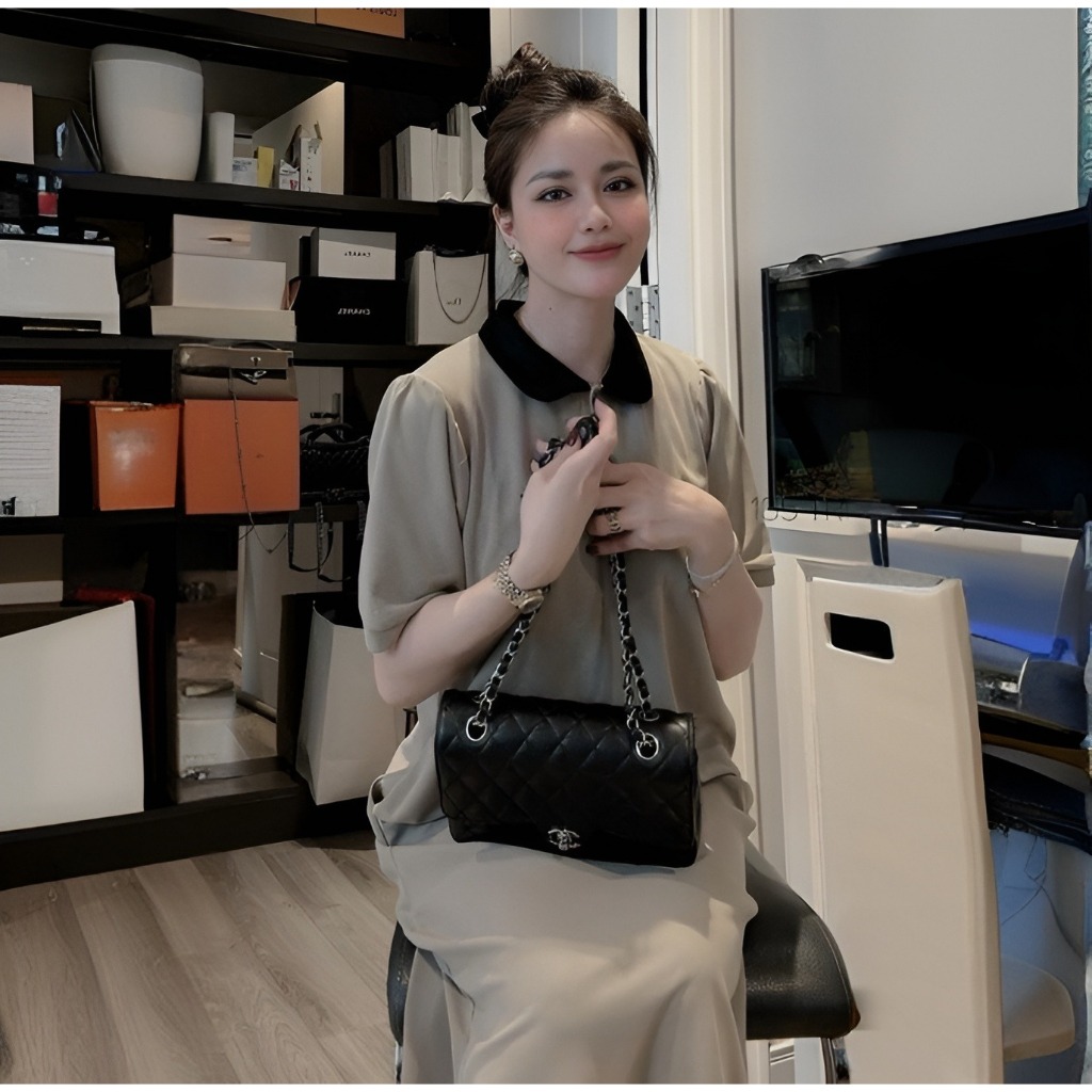 Đầm nữ bầu bigsize basic form to chubby xinh xám nâu Váy polo dáng dài suông rộng thêu ngựa phối cổ đen cộc tay  T1224G