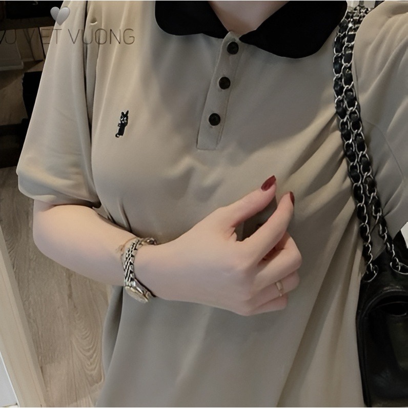 Đầm nữ bầu bigsize basic form to chubby xinh xám nâu Váy polo dáng dài suông rộng thêu ngựa phối cổ đen cộc tay  T1224G