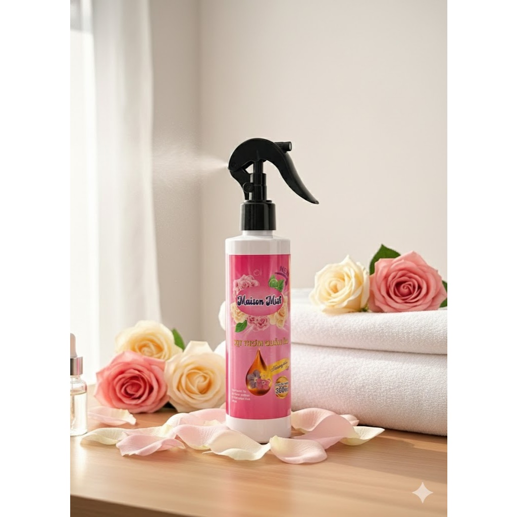 Xịt Thơm Phòng & Vải Maison Mist Hương Hoa Hồng - Khử Mùi Ẩm Mốc, Lưu Hương Lâu, Chiết Xuất Tự Nhiên (Chai 300ml)
