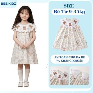 Váy Cho Bé Gái, Váy Cổ Bèo Thiết Kế Thêu Gấu Dễ Thương Chất Liệu Cotton Thoáng Khí