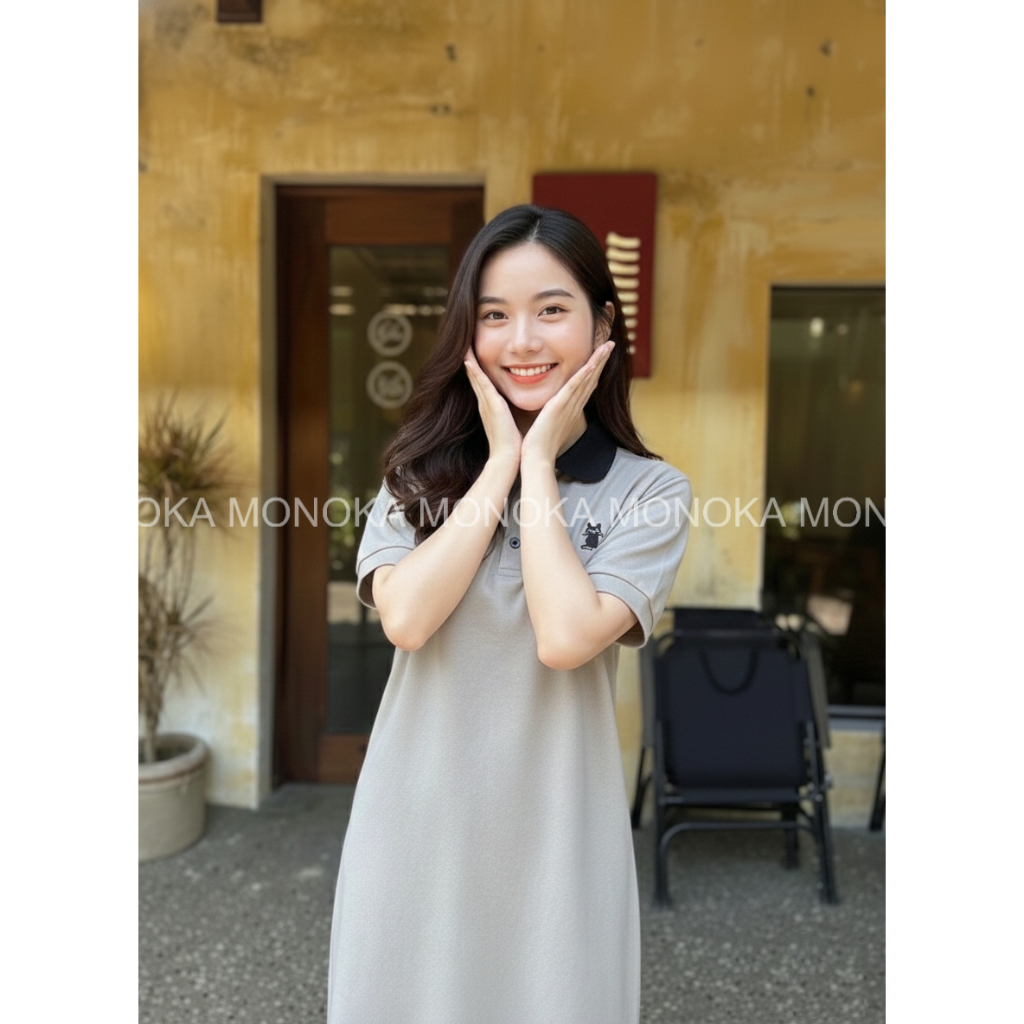 Đầm nữ bầu bigsize basic form to chubby xinh xám nâu Váy polo dáng dài suông rộng thêu ngựa phối cổ đen cộc tay  T1224G