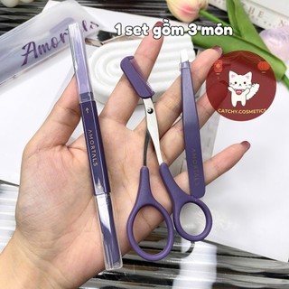 [AMORTALS] Bộ Dụng Cụ Cắt Tỉa Lông Mày AMORTALS 3 Món Màu Tím, Dao Cạo Hai Đầu, Kéo, Nhíp