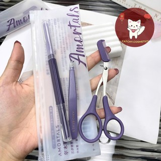 [AMORTALS] Bộ Dụng Cụ Cắt Tỉa Lông Mày AMORTALS 3 Món Màu Tím, Dao Cạo Hai Đầu, Kéo, Nhíp