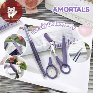 [AMORTALS] Bộ Dụng Cụ Cắt Tỉa Lông Mày AMORTALS 3 Món Màu Tím, Dao Cạo Hai Đầu, Kéo, Nhíp